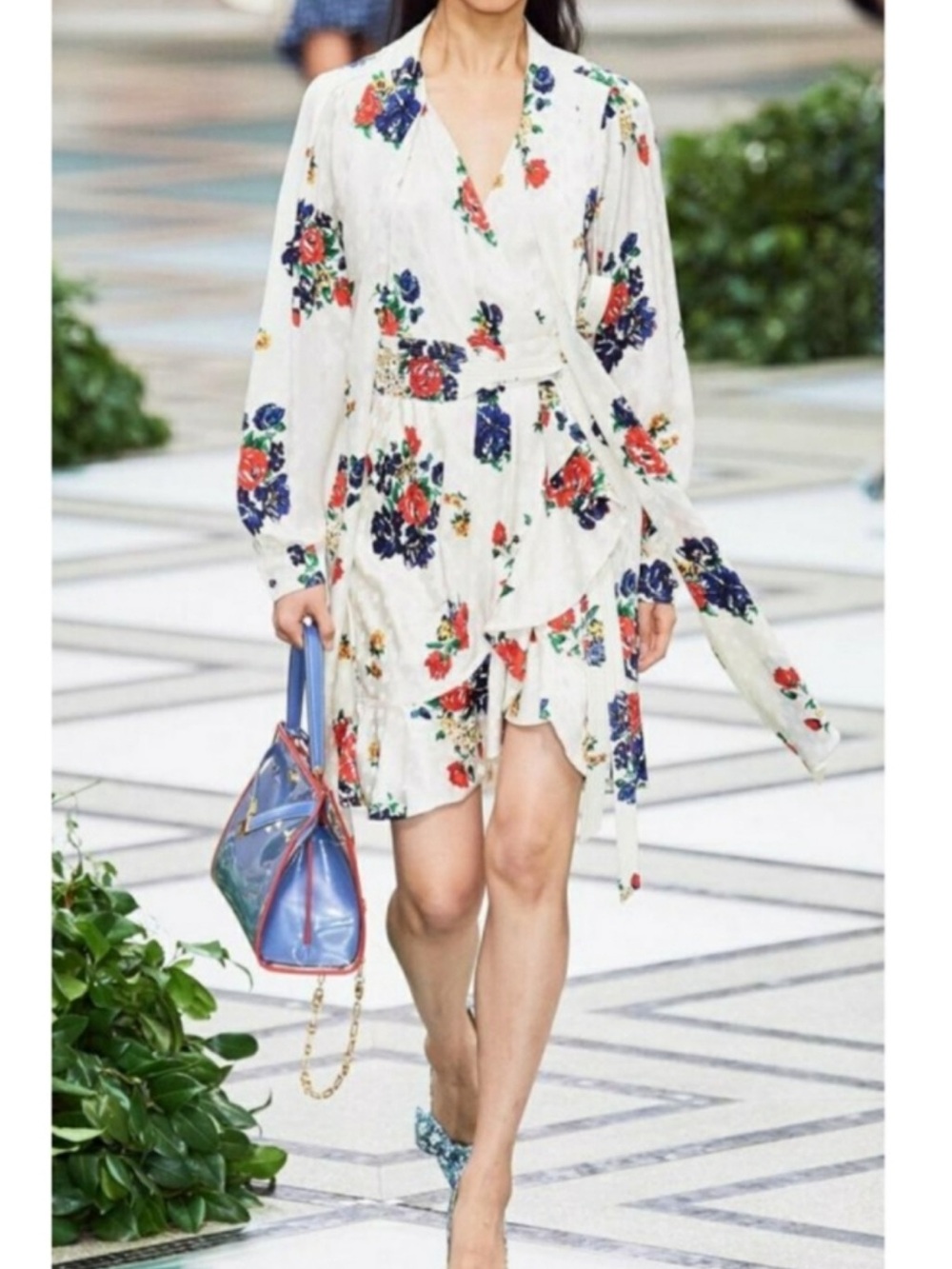 Tory Burch 100% Silk Cream Floral Wrap Dress with Red & Navy Blooms Size 6